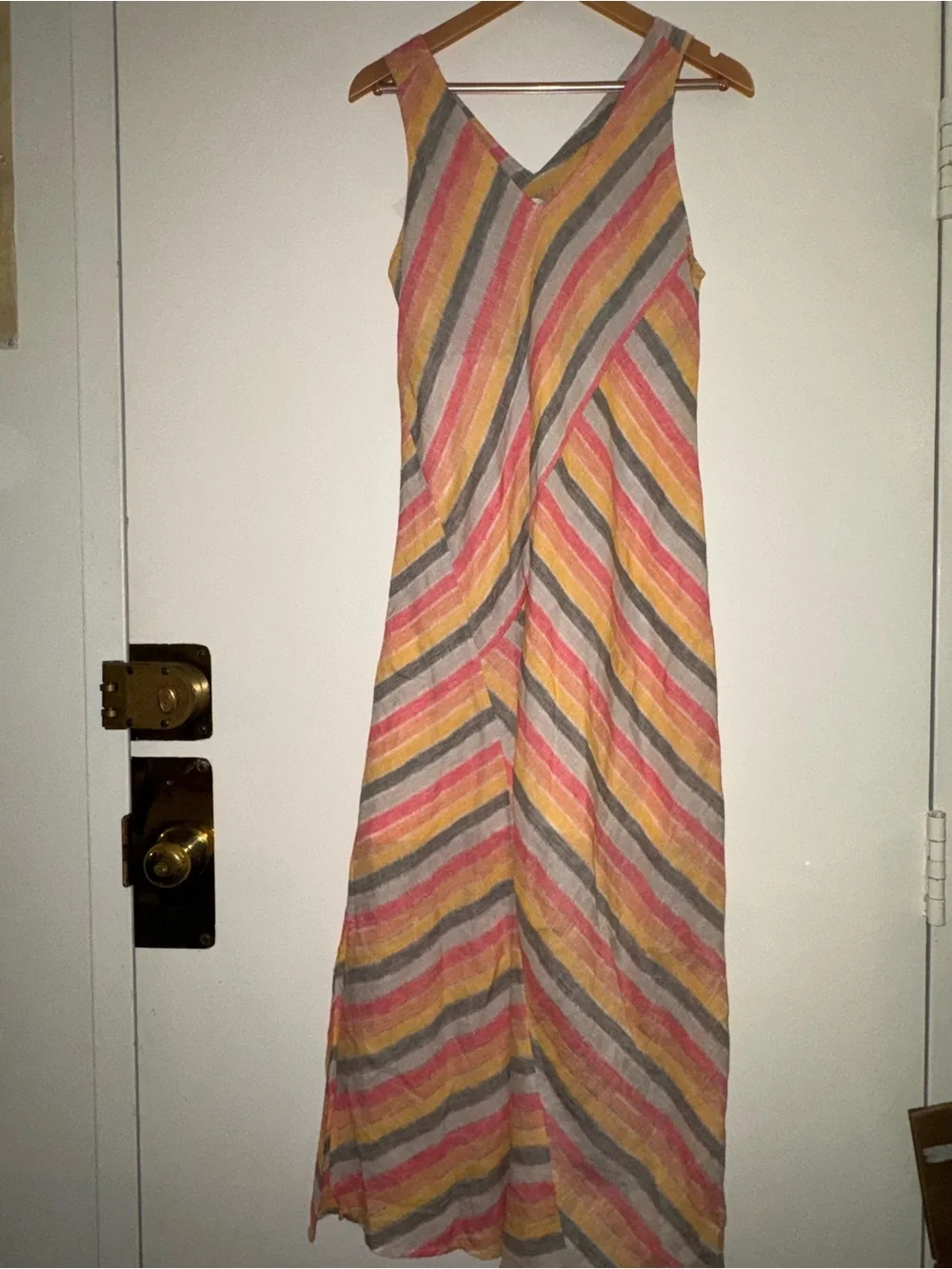 J.Jill Striped V-Neck Linen Maxi Beach Dress in Peach Pink Gray Small